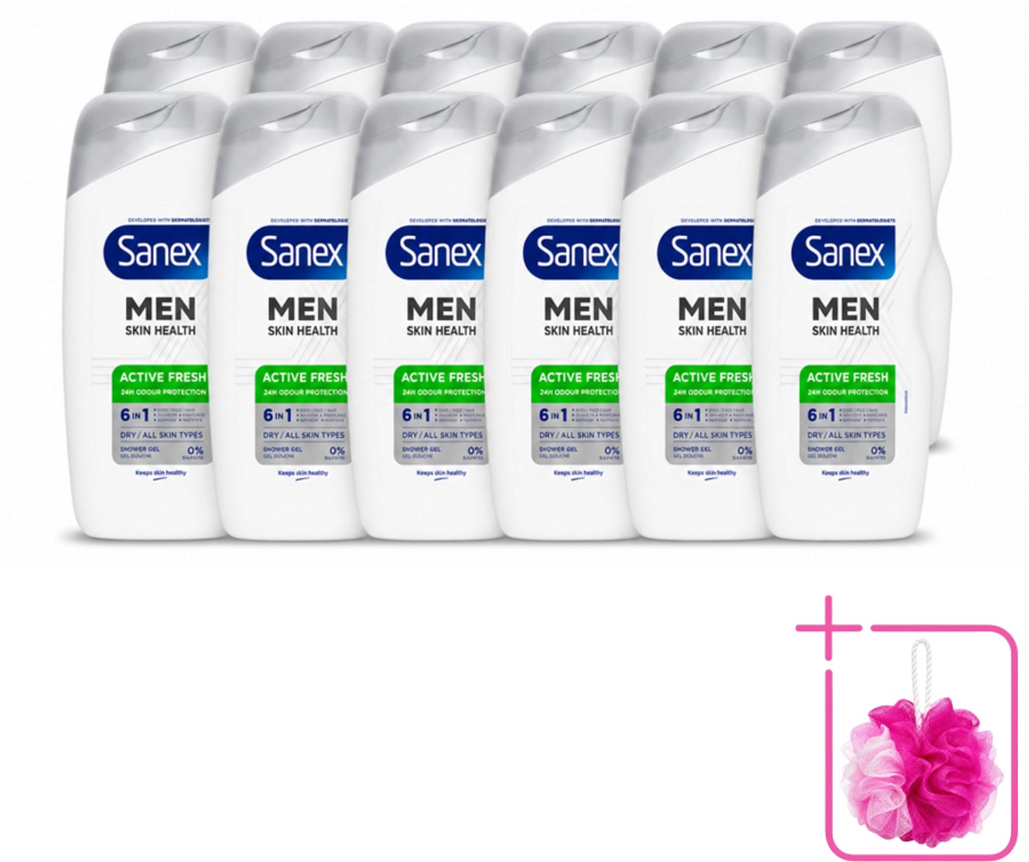 12 x Sanex – Douchegel – Men Active Fresh – 400 ml - Bulkverpakking - Douchegel voor mannen - Douchemop - Frisheid