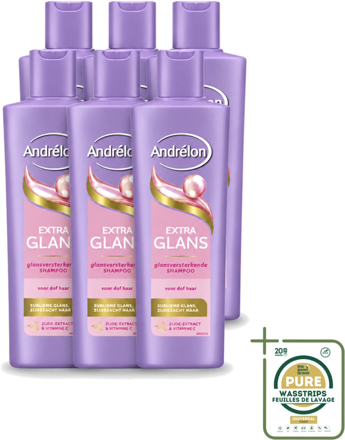 6 x Andrélon – Shampoo – Extra Glans – 250 ml - Wasstrips - Haar Verzorgen - Dof Haar - Glans Haar - Zachte Haar - Haar Reinigen