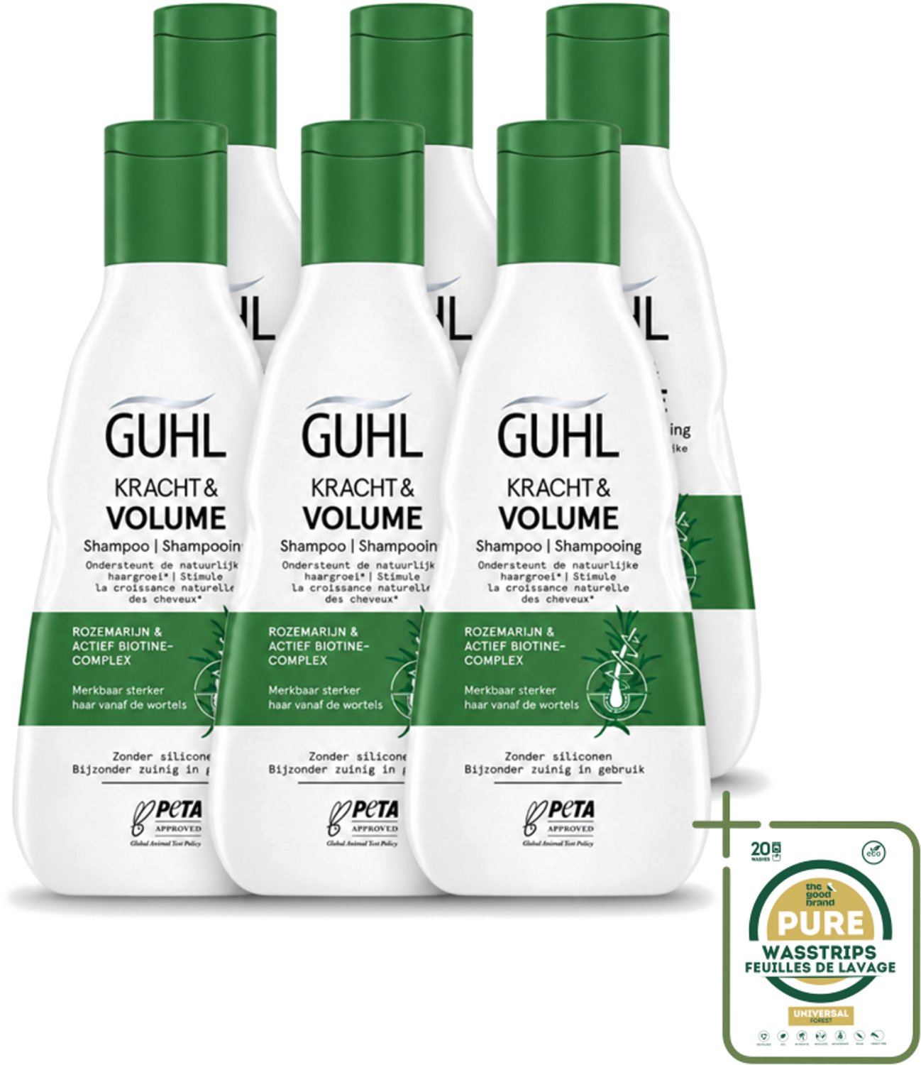 6 x Guhl – Shampoo – Kracht & Volume – 250 ml - Wasstrips - Kracht En Volume Shampoo - Haar Uitval Shampoo - Dun Haar Shampoo - Biotine Shampoo - Rozemarijn Shampoo