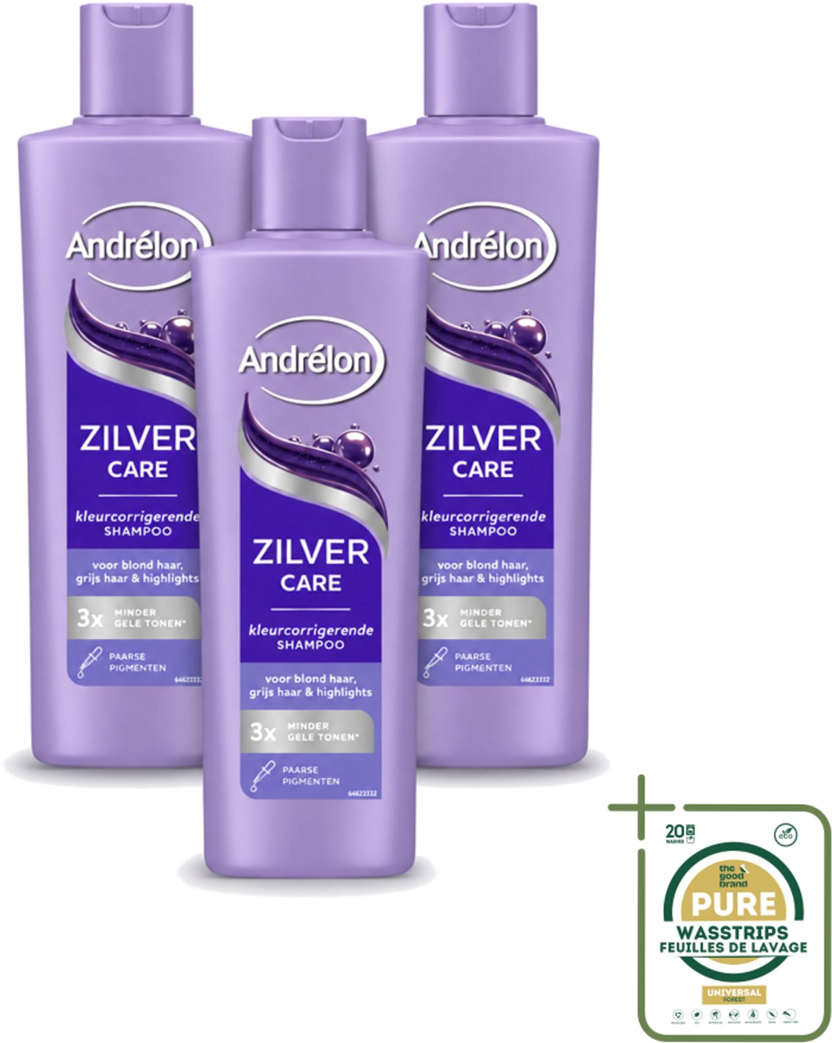 3 x Andrélon – Shampoo – Zilver Care – 250 ml - Wasstrips - Zilver Care Shampoo - Haarkleur Corrigeren - Gele Tonen Verminderen - Paarse Pigmenten - Blond Haar
