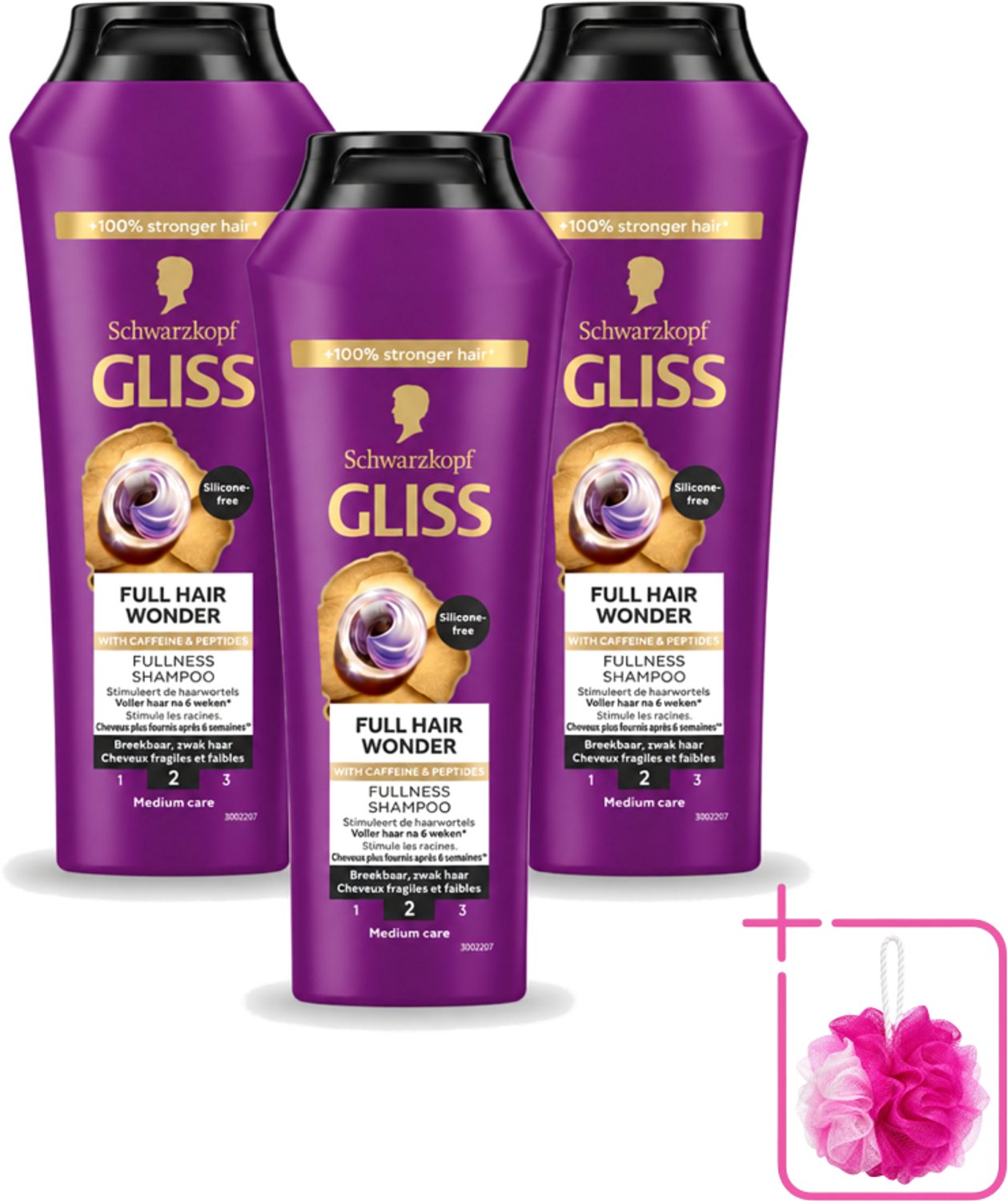 3 x Gliss Shampoo Full Hair Wonder - 250 ml - Bulkverpakking - Haarversterkend shampoo - Douchemop - Volume voor dun haar
