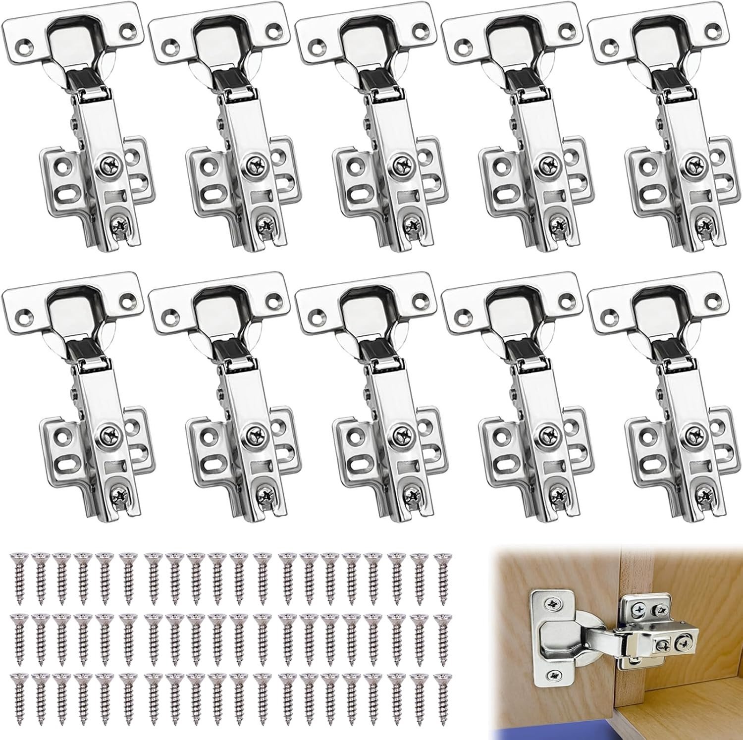 Set van 10 Stille Kast Scharnieren met 60 Schroeven voor Eenvoudige Installatie - Ideaal voor Keuken, Badkamer en Slaapkamer met een Opening Hoek van 90°