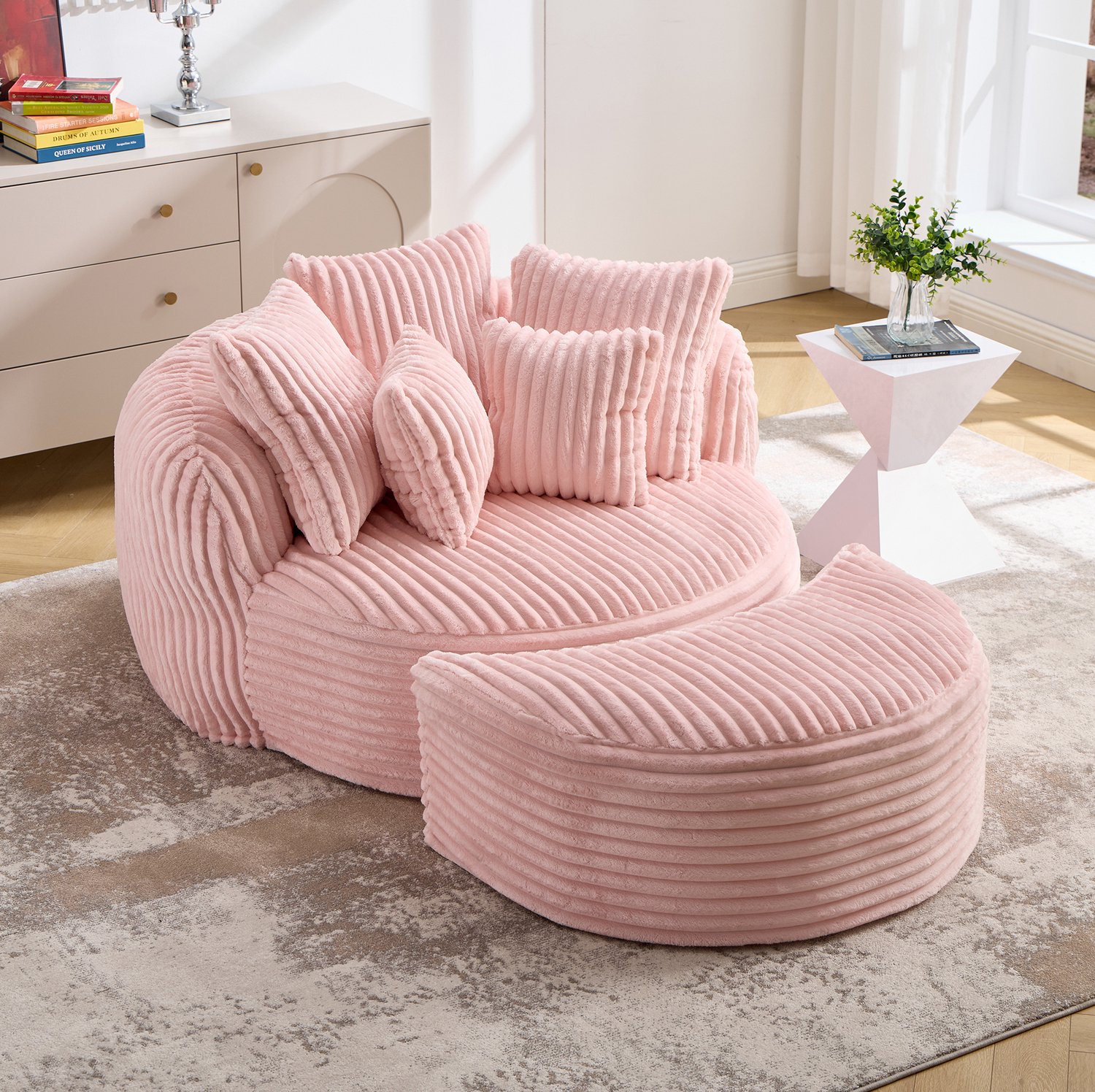 DESMIU Fauteuil 168 Bij 123 Bij 63 Cm - Ronde Relaxstoel Met Hocker En Vijf Kussens - Voor Woonkamer En Slaapkamer - Chenille Roze