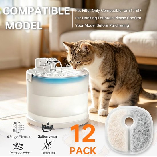 12 stuks filters voor E1 / E1+ Pet Water Fountain (2 l/67 oz) voor drinkfontein, 4-laags filtersysteem, kattenfontein, filterset inclusief reinigingsborstel — afbeelding 2