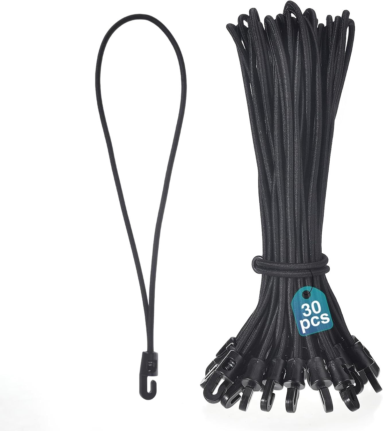 Set van 30 Korte Elastische Spanners met Haken - Zwart - Ideaal voor Zeilen, Tent, Camping en Trailergebruik (30 cm)