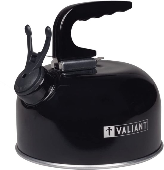 Zwarte Valiant fluitketel met een zilveren rand en een zwart handvat. Het merklogo 'VALIANT' staat op de zijkant.