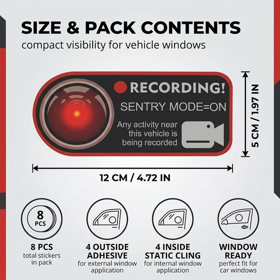 8 stuks waarschuwingsstickers videobewaking, statische raamstickers en buitenkleeffolie voor dashcam en Sentry Mode, camera-waarschuwingsbord voor auto en auto, 11 x 5 cm, zonder resten te — afbeelding 4