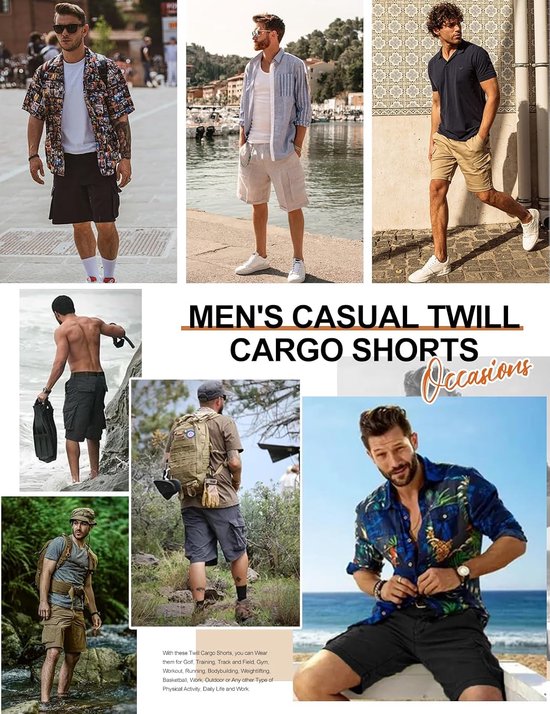 Voqeen Korte broek heren cargo shorts casual katoen trekkoord cargobroek zomer vrijetijdsbroek elastische taille stretch shorts met zakken — afbeelding 5