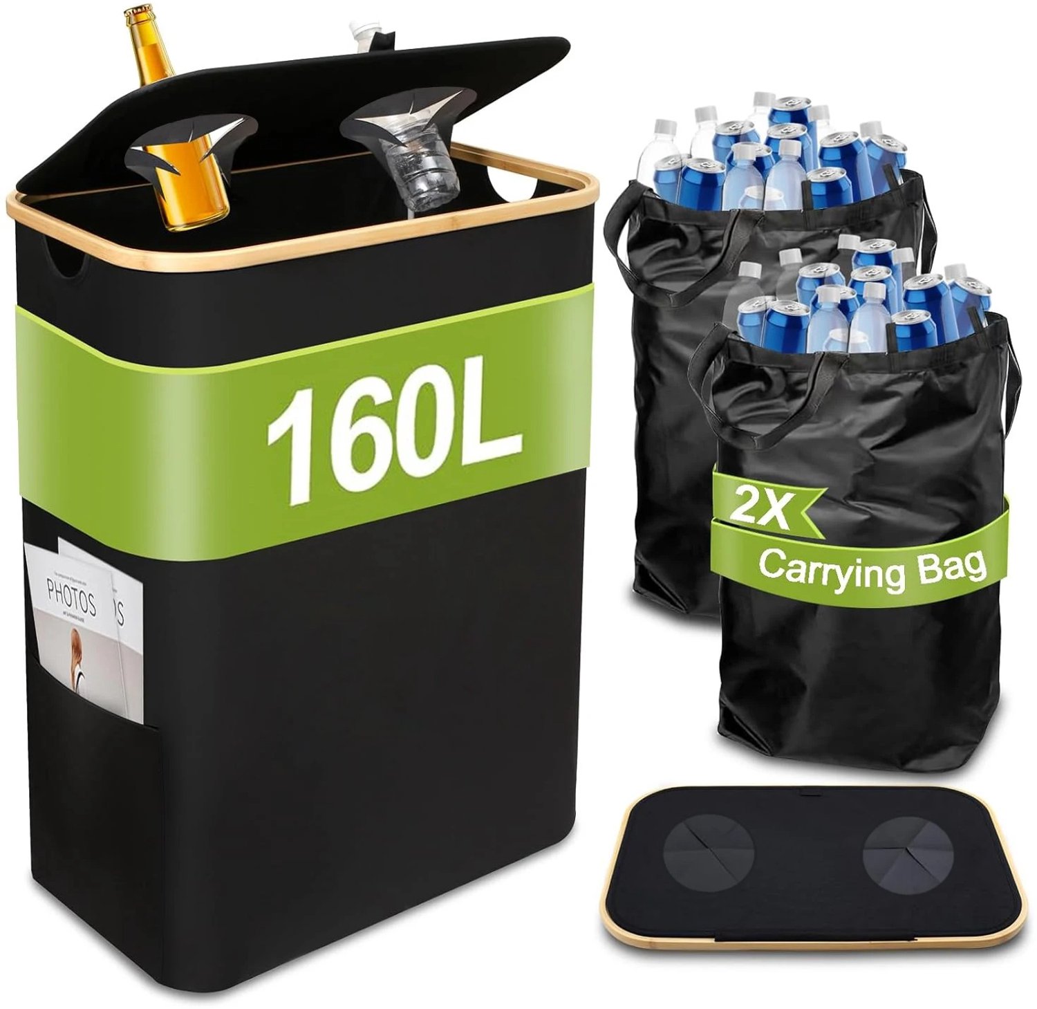 Veya Prullenbak - 160 L - Afvalbak afvalscheiding - Flessenbak - Prullenbakken - 2 vakken - 2 Uitneembare draagtassen -57×37×75cm
