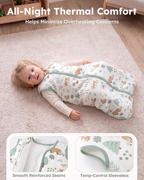 Slaapzak voor baby's, 2,5 TOG, 0-6 maanden, winterslaapzak, katoen, pasgeborenen, draagbare deken voor meisjes en jongens, warme 2-weg-ritssluiting, slaapzak, 67 cm, groene beer — afbeelding 5