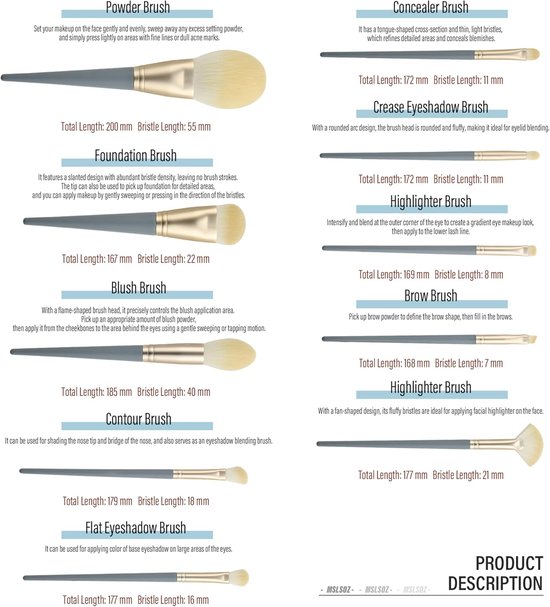 12 stuks make-up borstels sets met PU tas, 10 professionele make-up borstels met een Silionce Cleaning Opvouwbare boog & Silionce Lip Brush, gebruikt voor Blush, Foundation, Oogschaduw — afbeelding 3