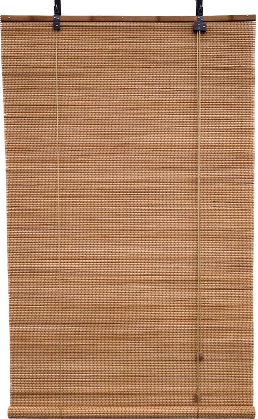 Bruin bamboe rolgordijn (160x220 cm) met twee trekkoorden en zwart metalen ophangsysteem.