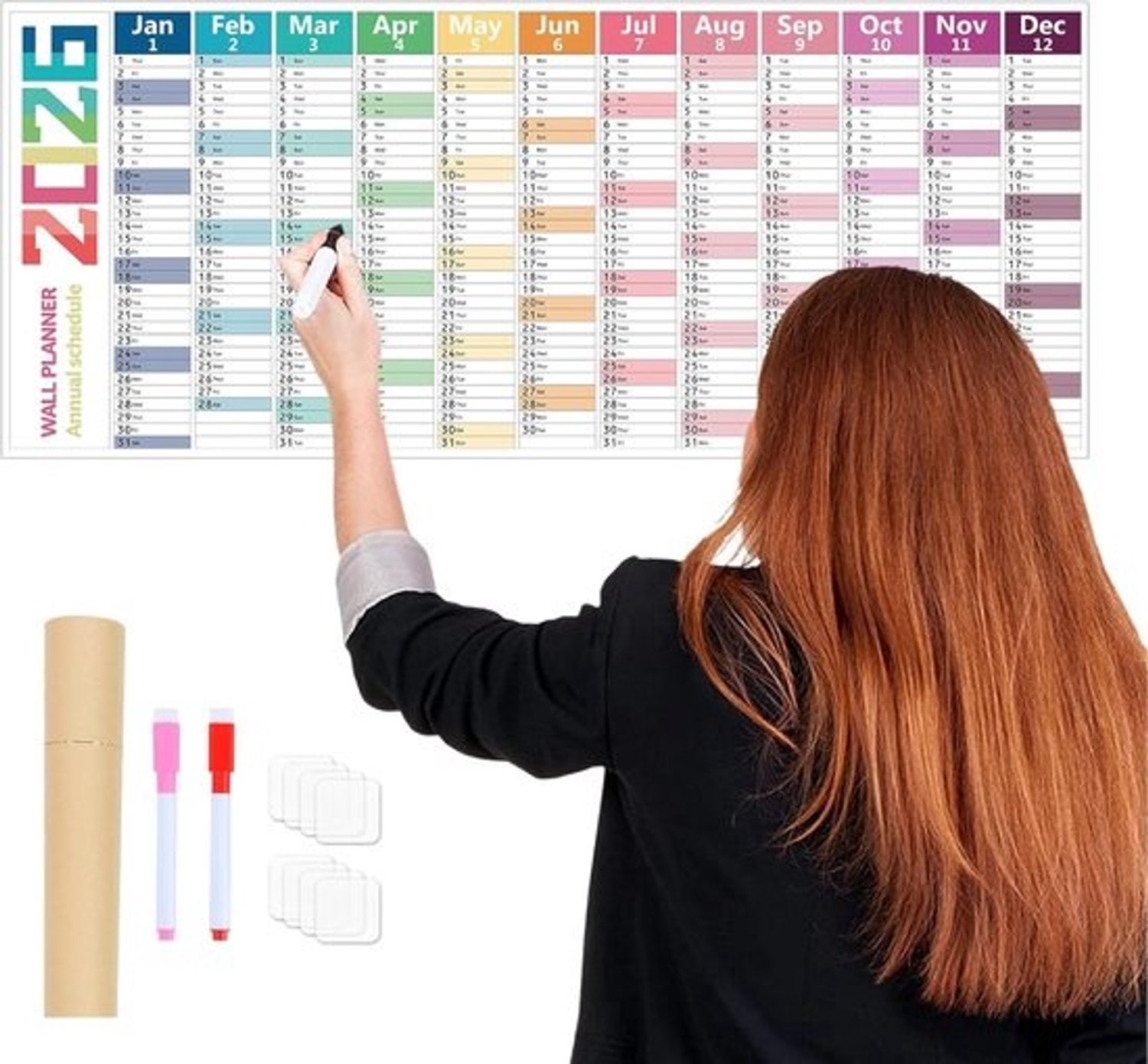 Wandkalender 2026 - Jaarplanner met maandoverzicht - Voor school- en kantoororganisatie - Uitwisbaar, groot formaat - 100 x 42 cm