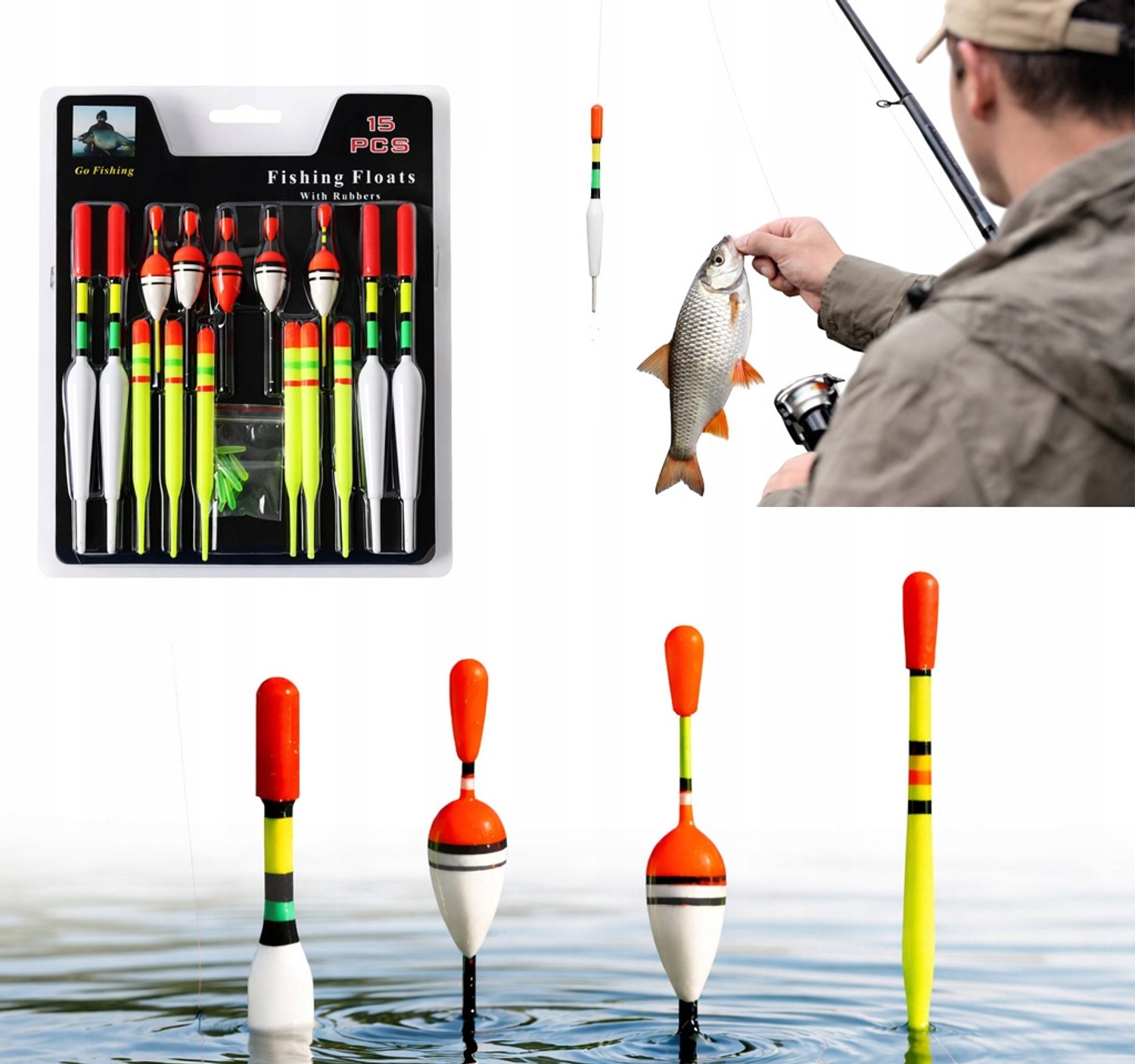 Set van 15 Kleurrijke Hengelsport Dobbers voor Diverse Wateren