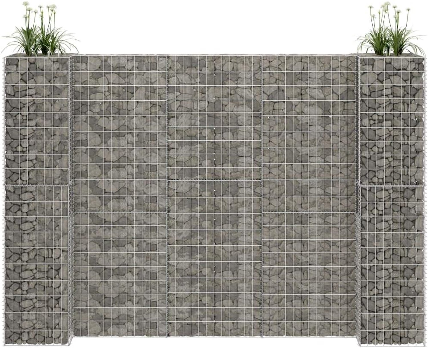 Bloembak van schanskorf in H-vorm, schanskorf hek, mand van net, steenkorven van steen, metallic voor stenen, wanddikte, vierkant, staaldraad, 260 x 40 x 180 cm