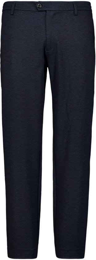 Donkerblauwe chino broek van jersey met een gemêleerde textuur en knoopsluiting.