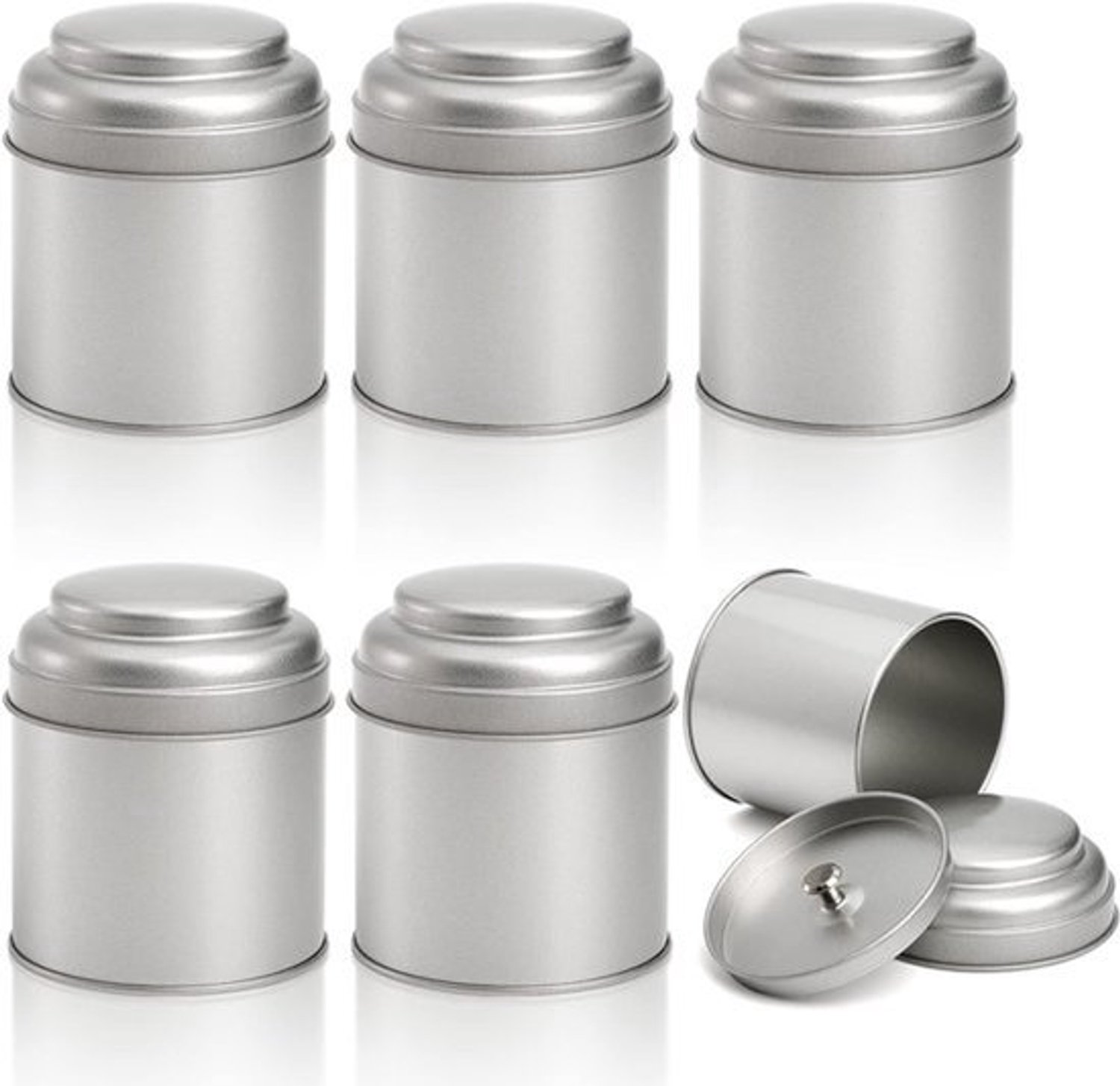 Theeblikjes Set 6 Stuks - Luchtdichte Dubbele Deksels - Zilver Metaal