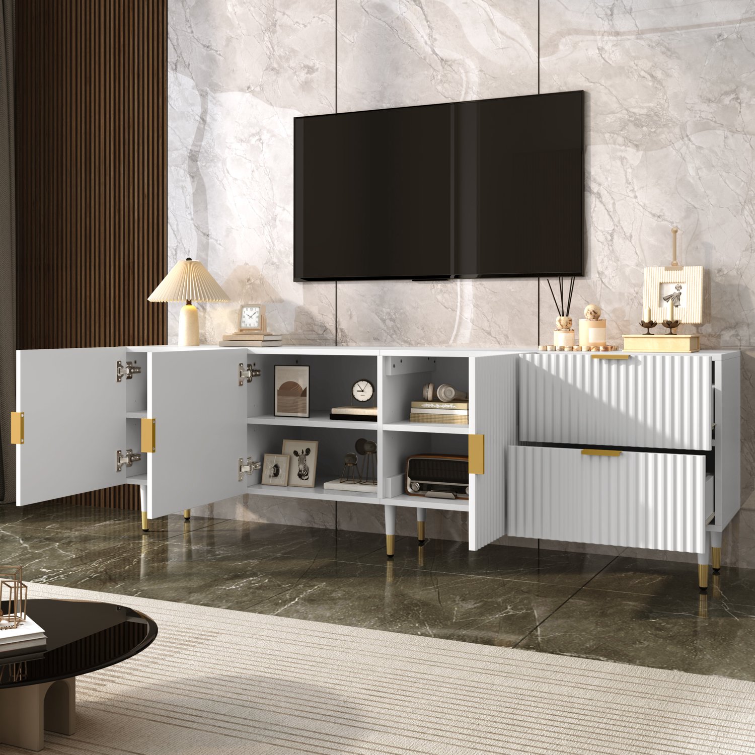 Clruro TV-Meubel - 170×35,5×55 cm - 3 Deuren en Laden - Gouden Accenten - MDF/Spaanplaat - Wit