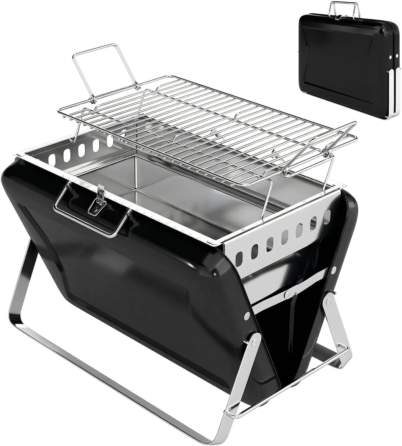 Roestvrijstalen houtskoolbarbecue met grillrooster, handvat en inklapbare poten, ideaal om te grillen en te kamperen, 40 x 28 x 25,5 cm, zwart.