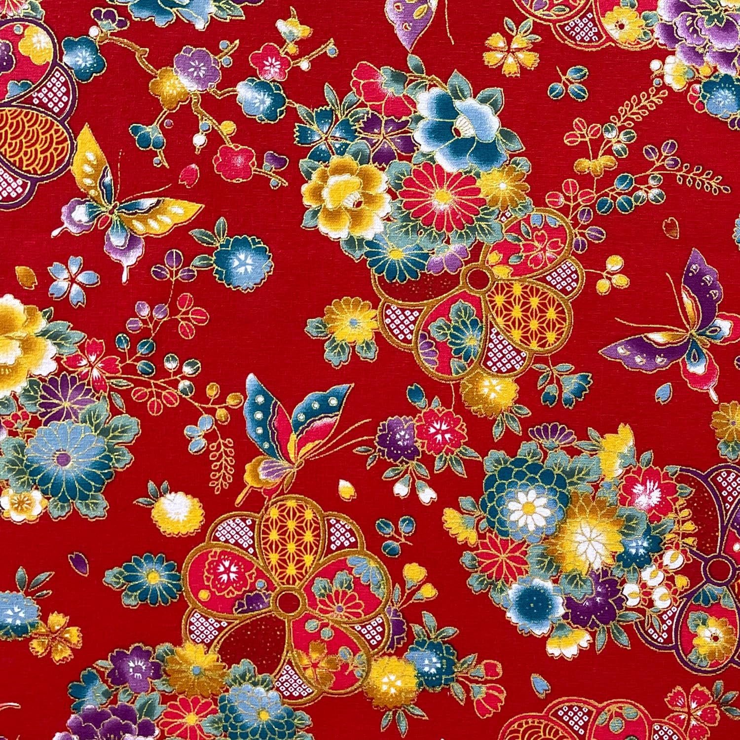Katoenen stof per meter, 50 x 145 cm, 100% katoen, bronzen design, bloemenprint, decoratieve doeken om te naaien, quilten, knutselen, gordijnen, stoffering (01- Design, rood)