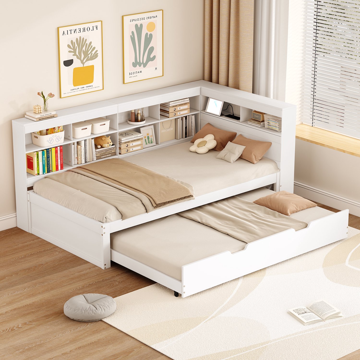 Merax Slaapbank 90x200cm - uitschuifbaar bed 90x190cm - met USB-stopcontacten en meerdere opbergvakken - wit - zonder matras