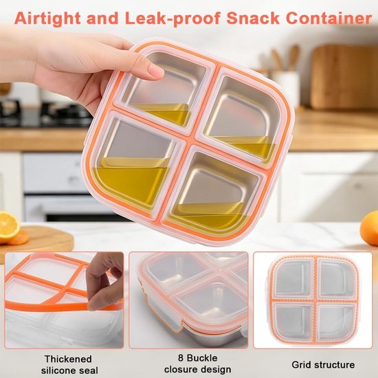 2 stuks snackbox met 4 vakken, 600 ml snackbox met vakken, roestvrij staal, herbruikbare snackbox voor kinderen en volwassenen, meal prep container kinderen, voor school, kantoor, camping — afbeelding 2