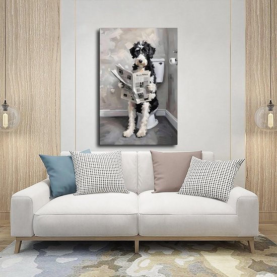 Poedel op canvas poster, poedel zittend op toiletbril en krant leest op canvas, muurkunst voor woonkamer slaapkamer, 30,5 cm lang — afbeelding 5