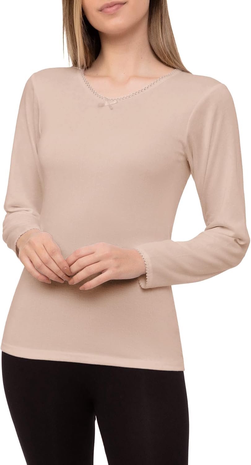 Thermo-onderhemd van katoen, lange mouwen, voor dames, V-hals, effen, Beige, L