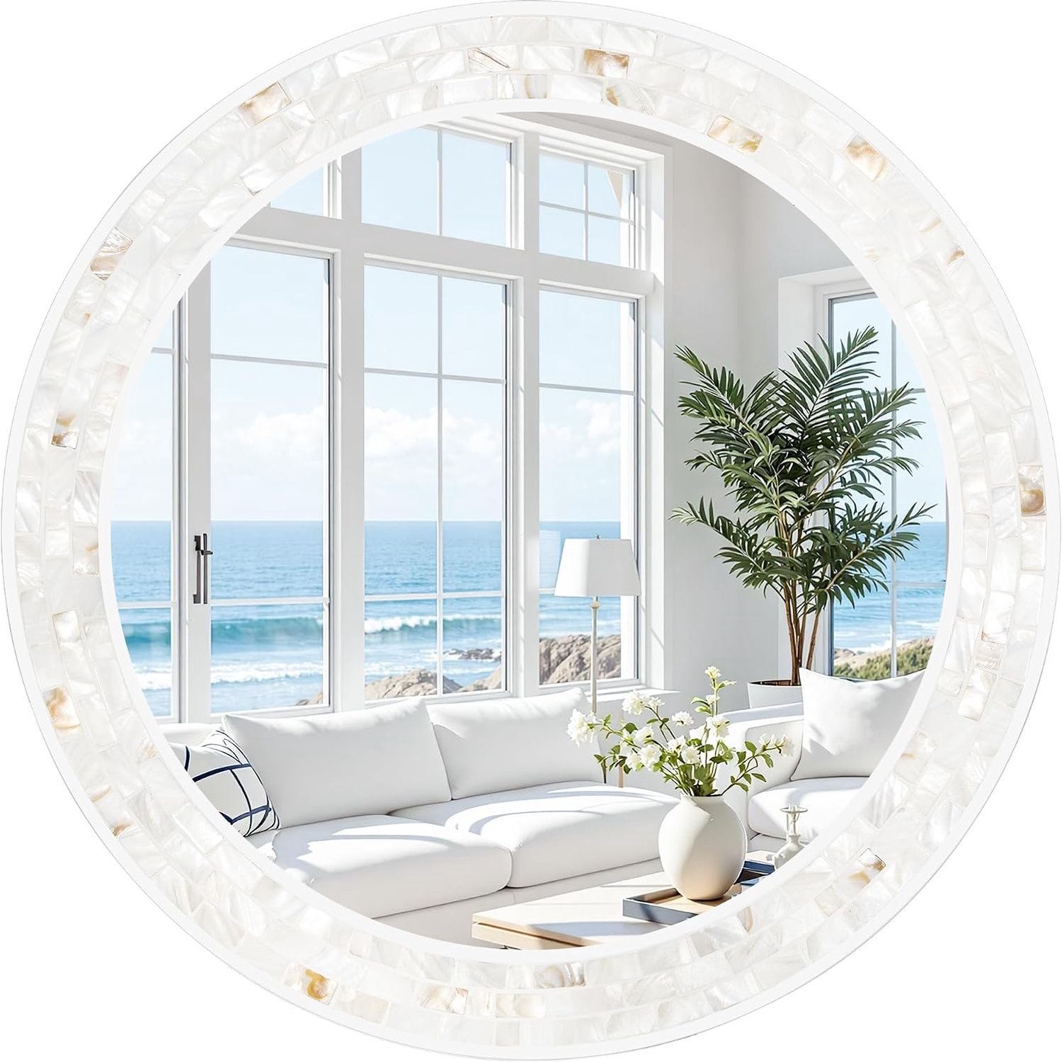 Tanmicoshomy Ronde wandspiegel 76 cm, cirkel mozaïek spiegel met natuurlijke parelmoer en houten frame, decoratieve kustronde wandspiegel voor badkamer slaapkamer woonkamer entree