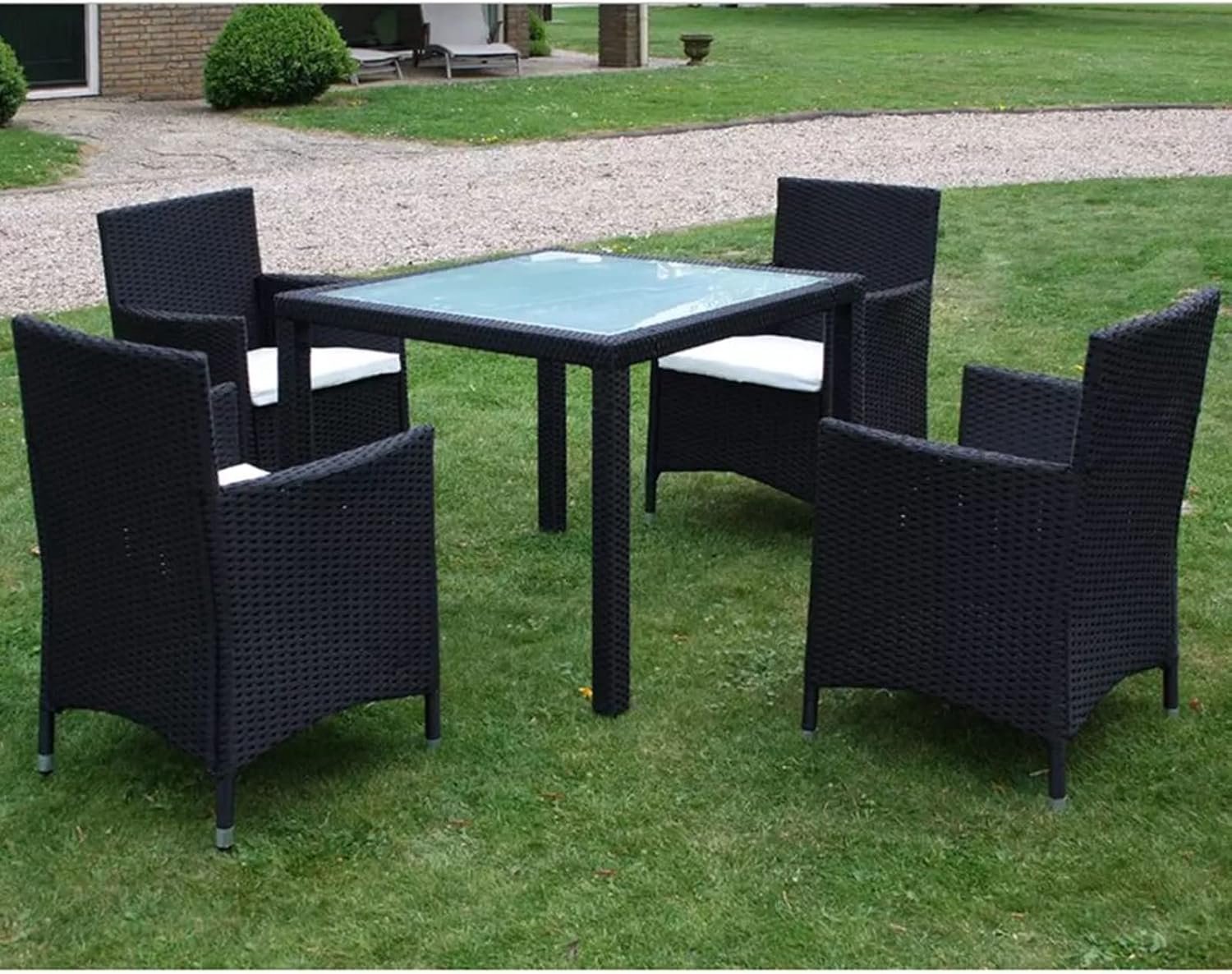 Tuin, eetkamer, set, tafel, stoelen, outdoor, tuinmeubelset, tafel en stoelen voor buiten, eetset voor tuin, 5 stuks met kussens van polyrotan, zwart A