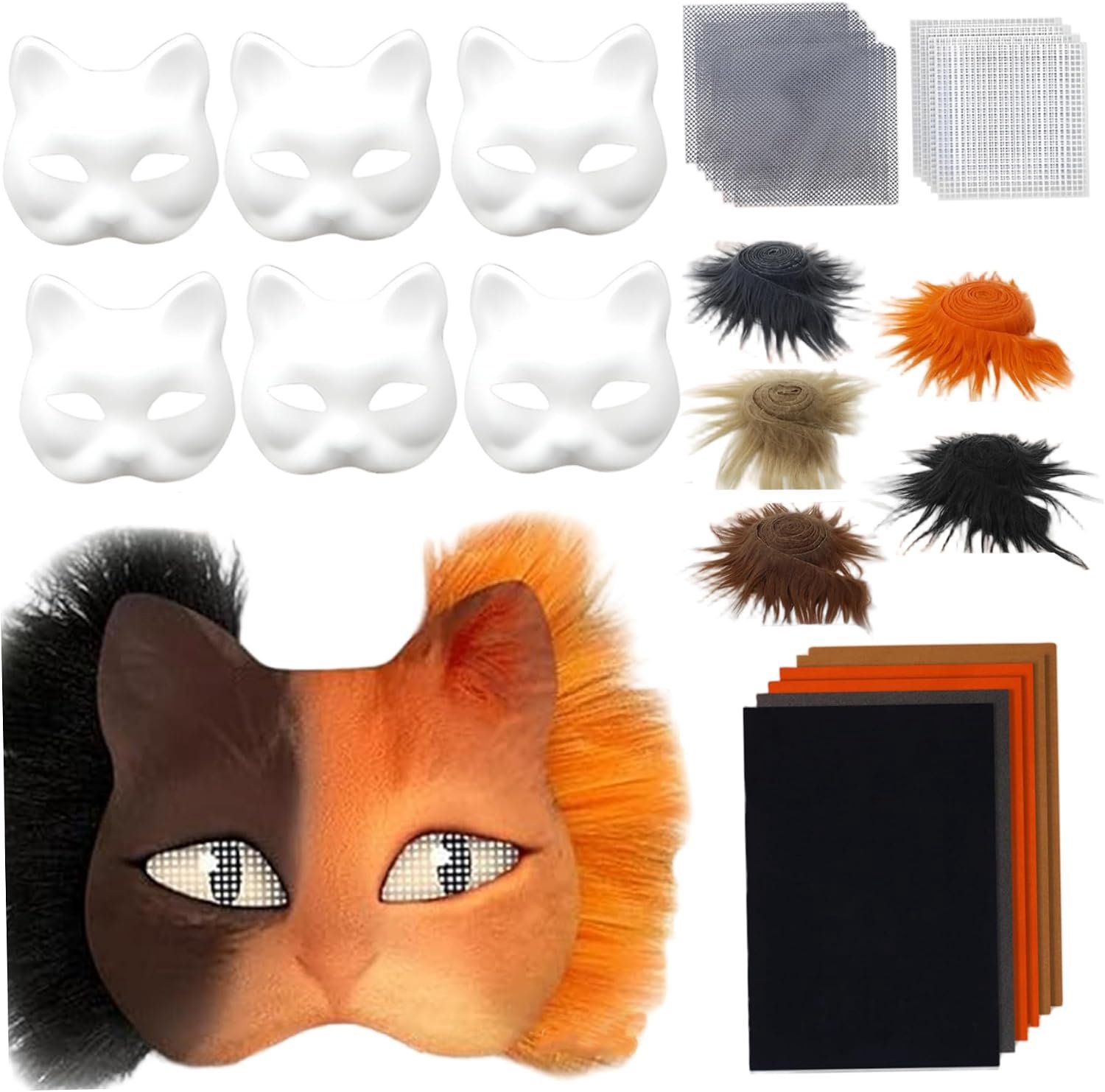 Therian Maskerset, doe-het-zelf papieren blanco kattenmaskerset met harige strip, mesh, vilten stof voor maskerade, feest, cosplay kostuum