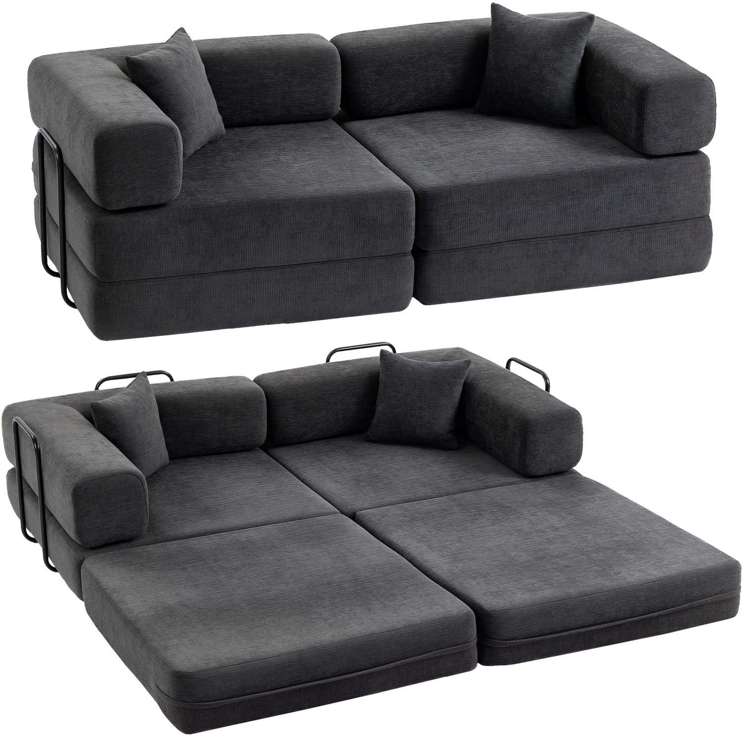 TEKROA® Opvouwbare 2-zits slaapbank -bekleding van chenille - dikke vulling - brede armleuningen -2 kussens - donkergrijs