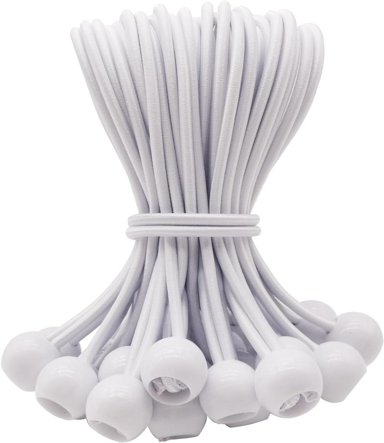 Set van 50 elastische koorden - Bevestigingsbanden - Tentbevestigingen - Opbergbanden - Gordijnbanden - Met plastic balletjes - Wit - 50 stuks - 10 x 2,3 cm