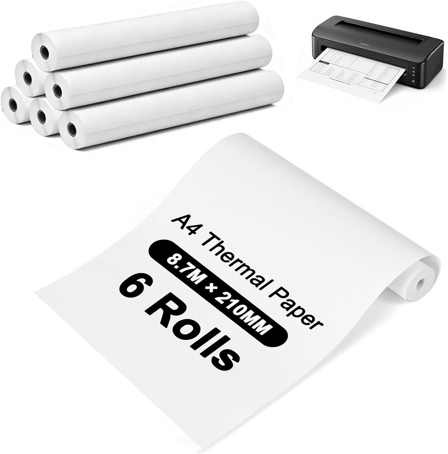 6 Rollen A4 Thermisch Papier 8.7m x 210mm voor Draagbare Printers, Sneldrogend Papier voor Foto's, Labels en Notities