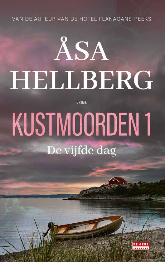 Boekcover met een donkere, onheilspellende lucht boven zee met een rood huisje op een rotsachtig eiland en een bootje op het water.