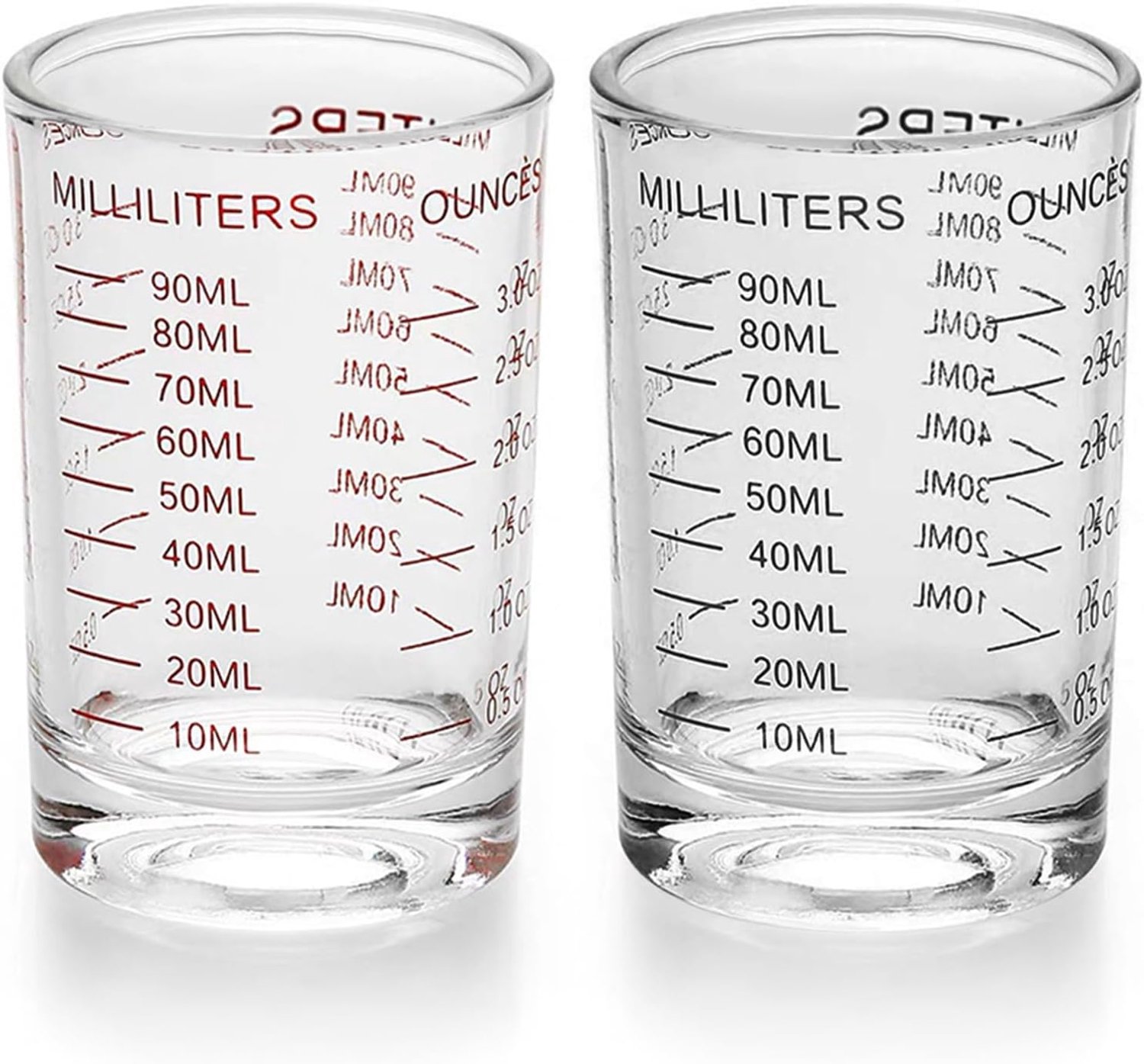 Maatbeker Glas, Forreen 2 Stuks 90ml Shot Glazen met Schaal Kleine Transparante Maatbekers Zware Mini Espresso Shot Cup voor Lab Huishouden Keuken Koken Bakken Meten