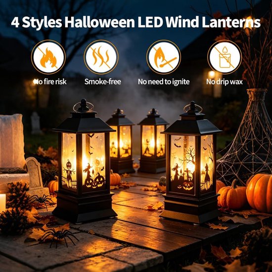 4 stuks Halloween decoratieve pompoen lantaarn, Halloween decoratieve kaarslantaarn, Halloween lantaarn outdoor met led-kaars, Halloween decoratieve lantaarns herfst buiten boom hangdecoratie — afbeelding 4
