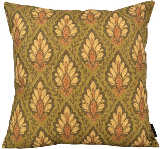 Vierkant sierkussen met olijfgroen bladpatroon in beige en oranje tinten, inclusief zwart NOVÉE merklabel.