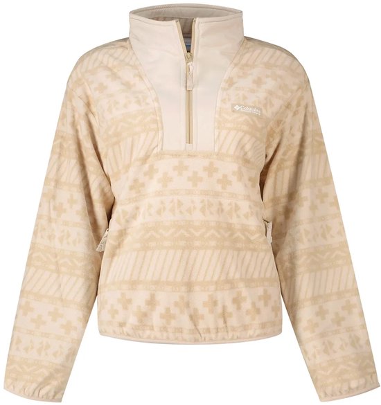 Beige Columbia half-zip fleece met abstract patroon, Columbia logo en opstaande kraag.