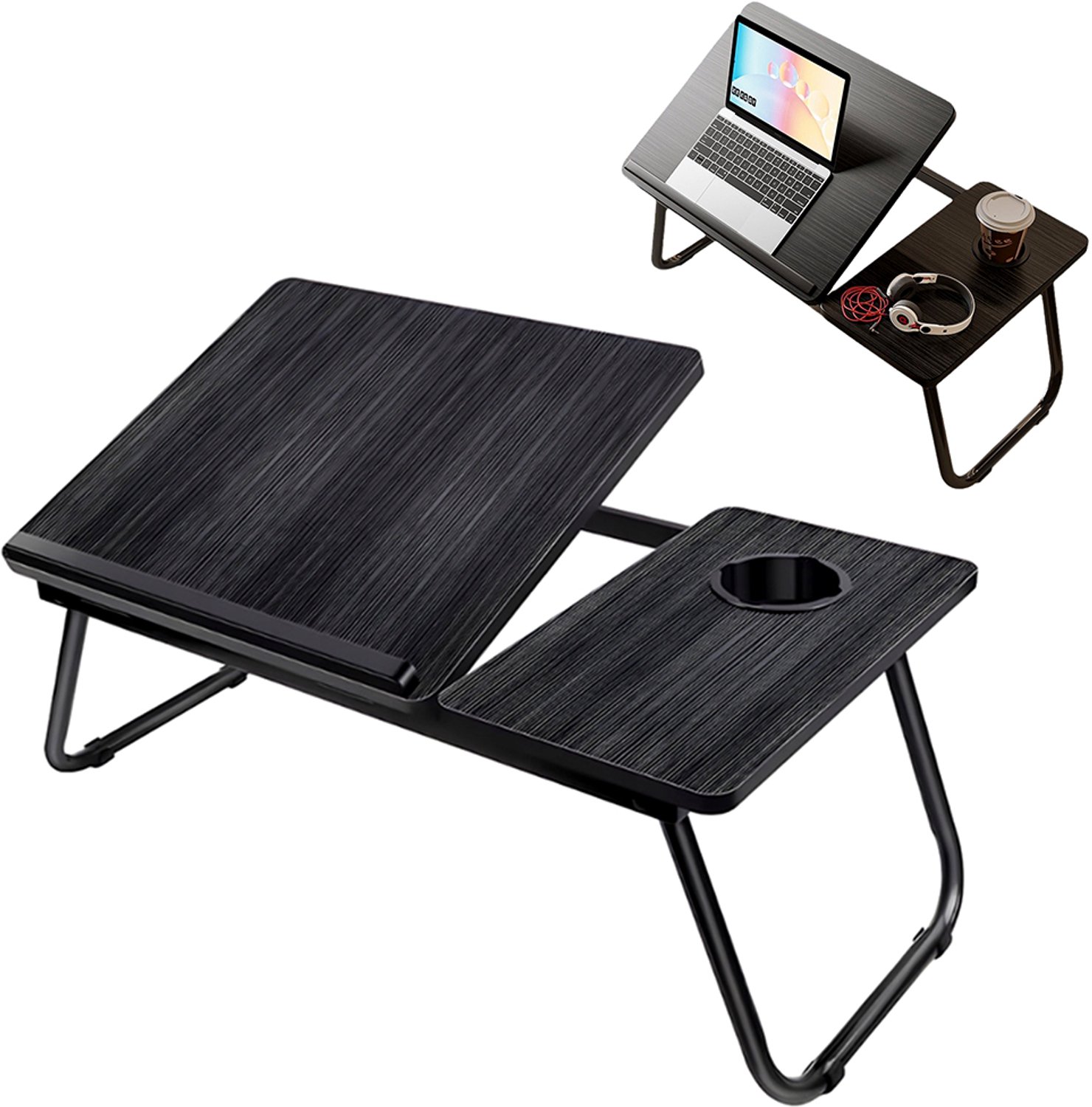 Ruijingsky Nachtkastje - Laptopbureau - Opvouwbaar bureau - Draagbare ontbijttafel - Bureau voor studentenkamer - Ontbijttafel naast het bed - Met bekerhouder - In hoogte verstelbaar - Essentieel voor luie mensen - 55*32*25 - Zwart gestreept