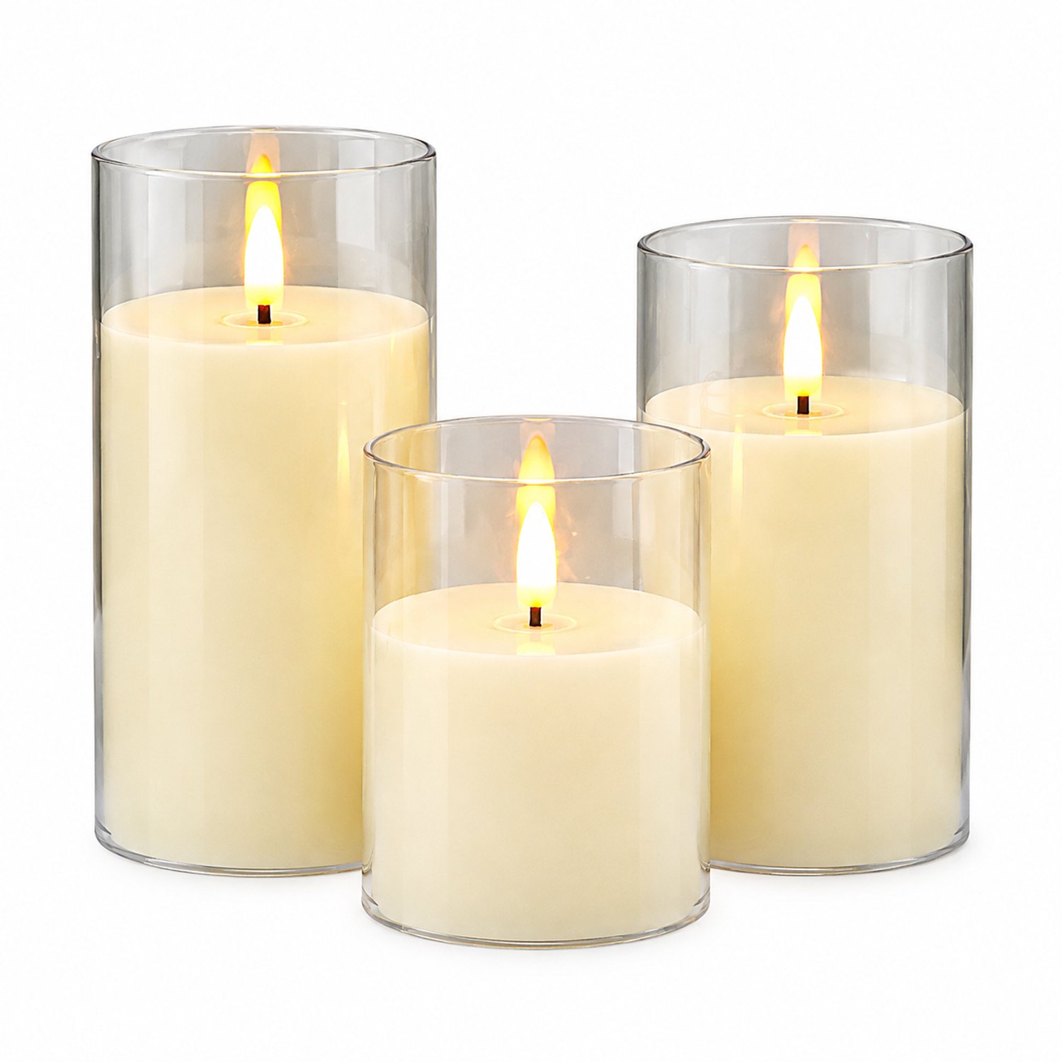 led kaarsen, set van 3 - Ivoorkleurig met warm licht en transparante cilindervormige kappen - 7.8 × 10/12.5/15 cm - Kerstdecoratie