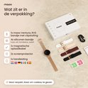 Maoo Ventura smartwatch in verpakking met vier extra siliconen bandjes in roze, wit, bordeaux en zwart.