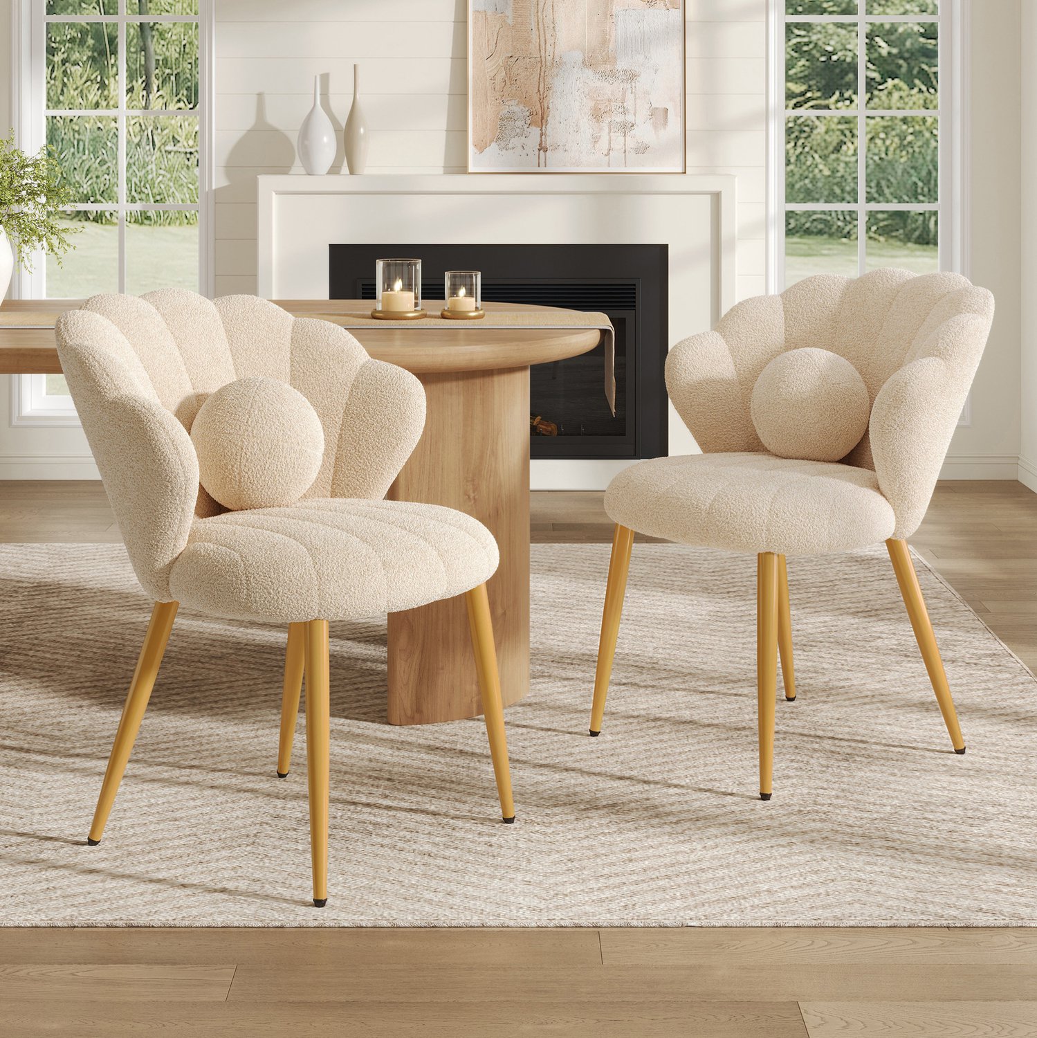 MIVRAY Eetkamerstoel Set Van 2 - Schelpvormige Rugleuning Met Kussen - Teddy-Stof - Beige