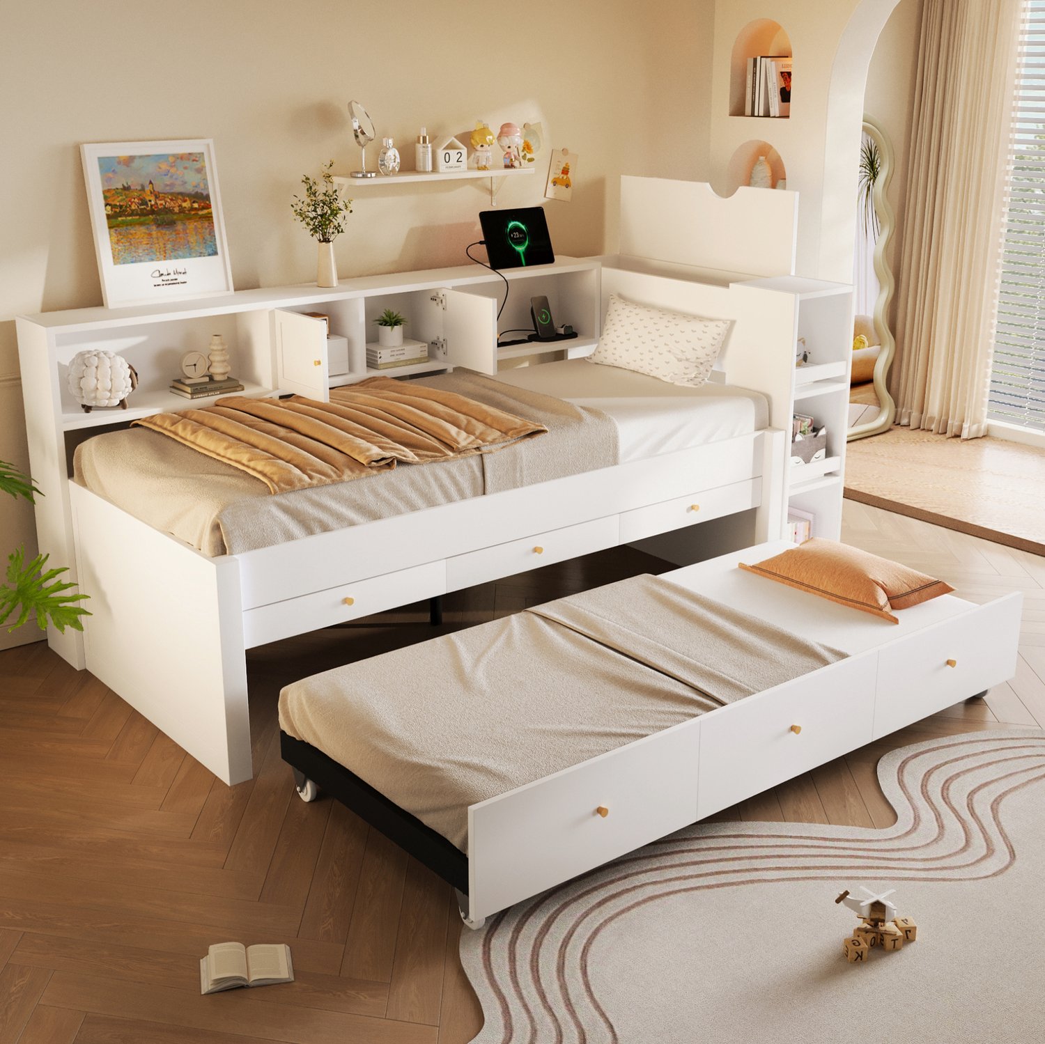 REDOM Bed 90x200 cm - 3 lades en uitschuifbaar logeerbed - USB-aansluiting - Wit