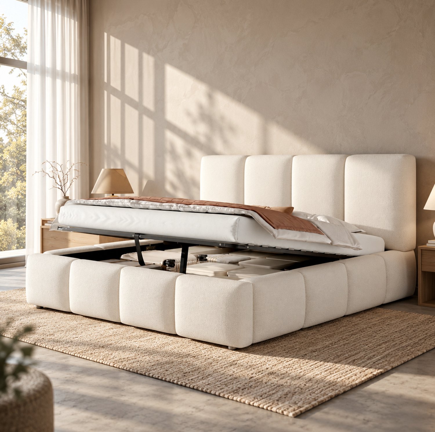 WUVRIE Gestoffeerd opbergbed 180x200 cm - Hydraulisch en met lattenbodem - Wit bouclé
