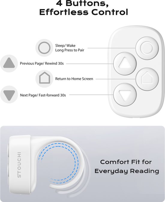Stouchi Paginadraaier voor Kobo eReaders – Bluetooth 5.4 Afstandsbediening – Clipvrij Ringmodel met 4 Knoppen – Oplaadcase – 12+ Uur, 140+ Uur Totaal – Voor Clara BW/Colour, Libra Colour/2, Clara 2E, Sage & Elipsa 2E – Wit — afbeelding 2