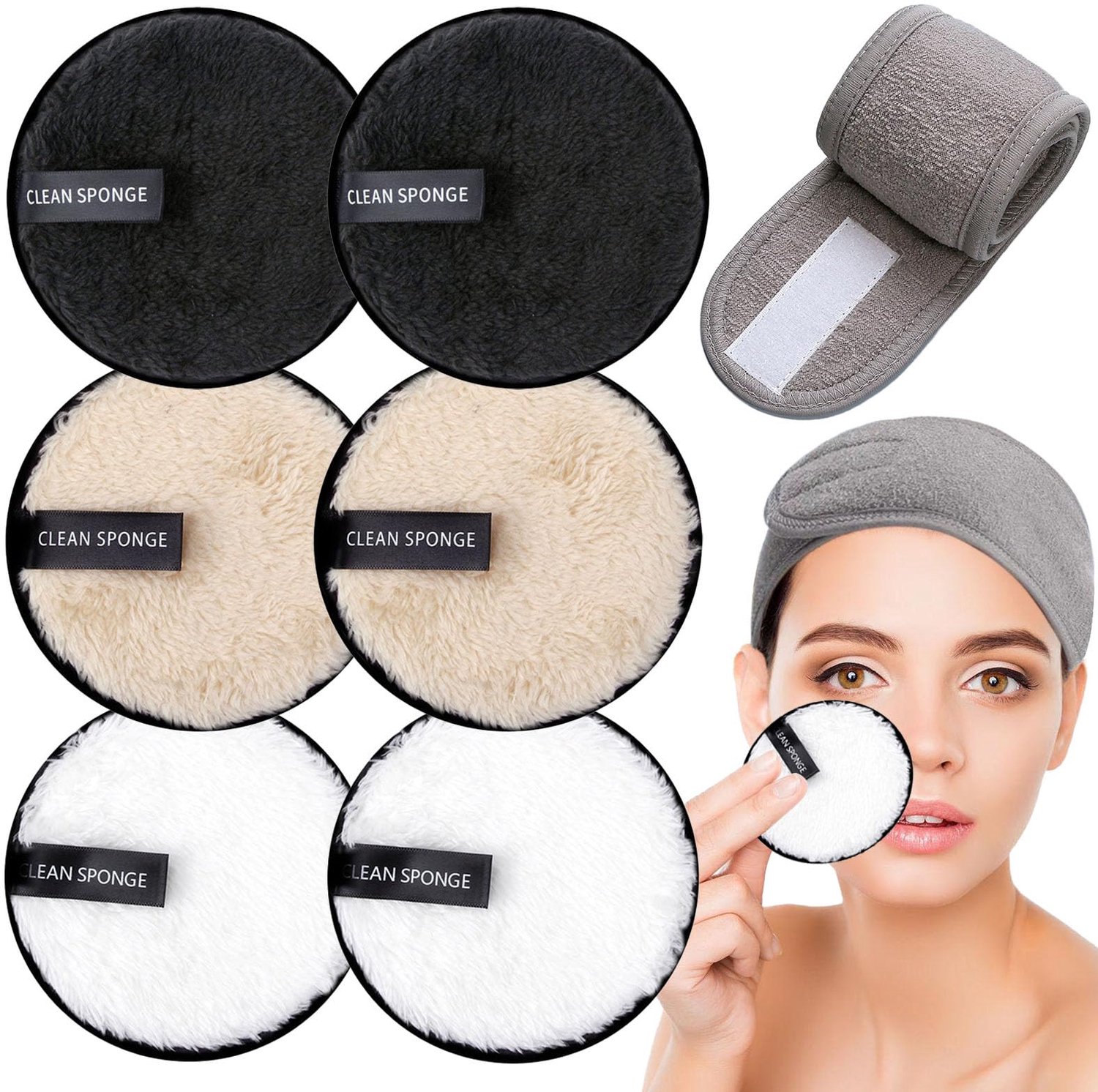 Set van 7 Herbruikbare Makeup Verwijder Pads met Spa Haarbanden