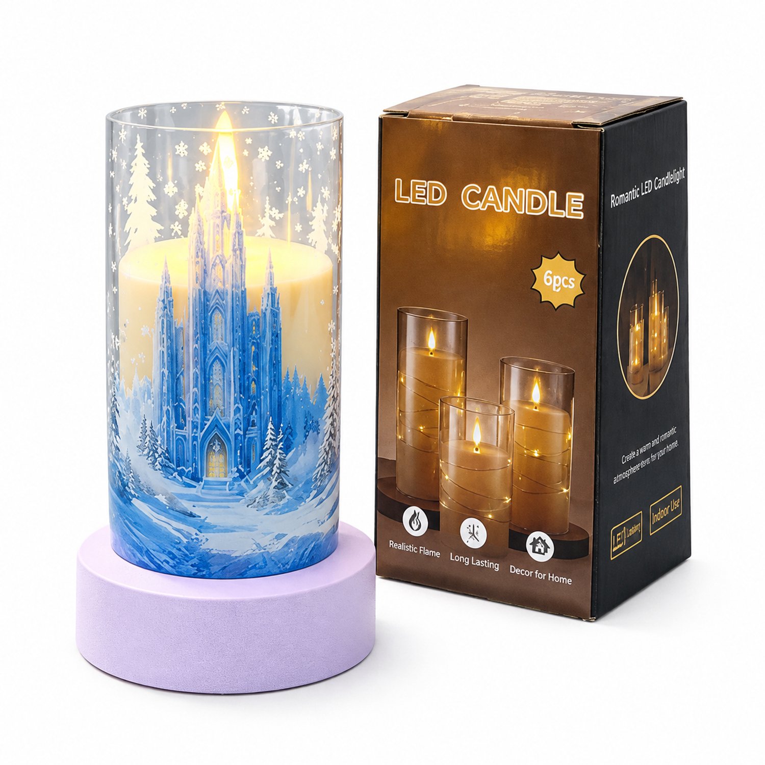 SWGOTA led kaarsen - 1 kaars met sneeuwdecor, 7,5 x 15 cm, warm licht, op batterijen, zonder batterijen, in doos Blauw
