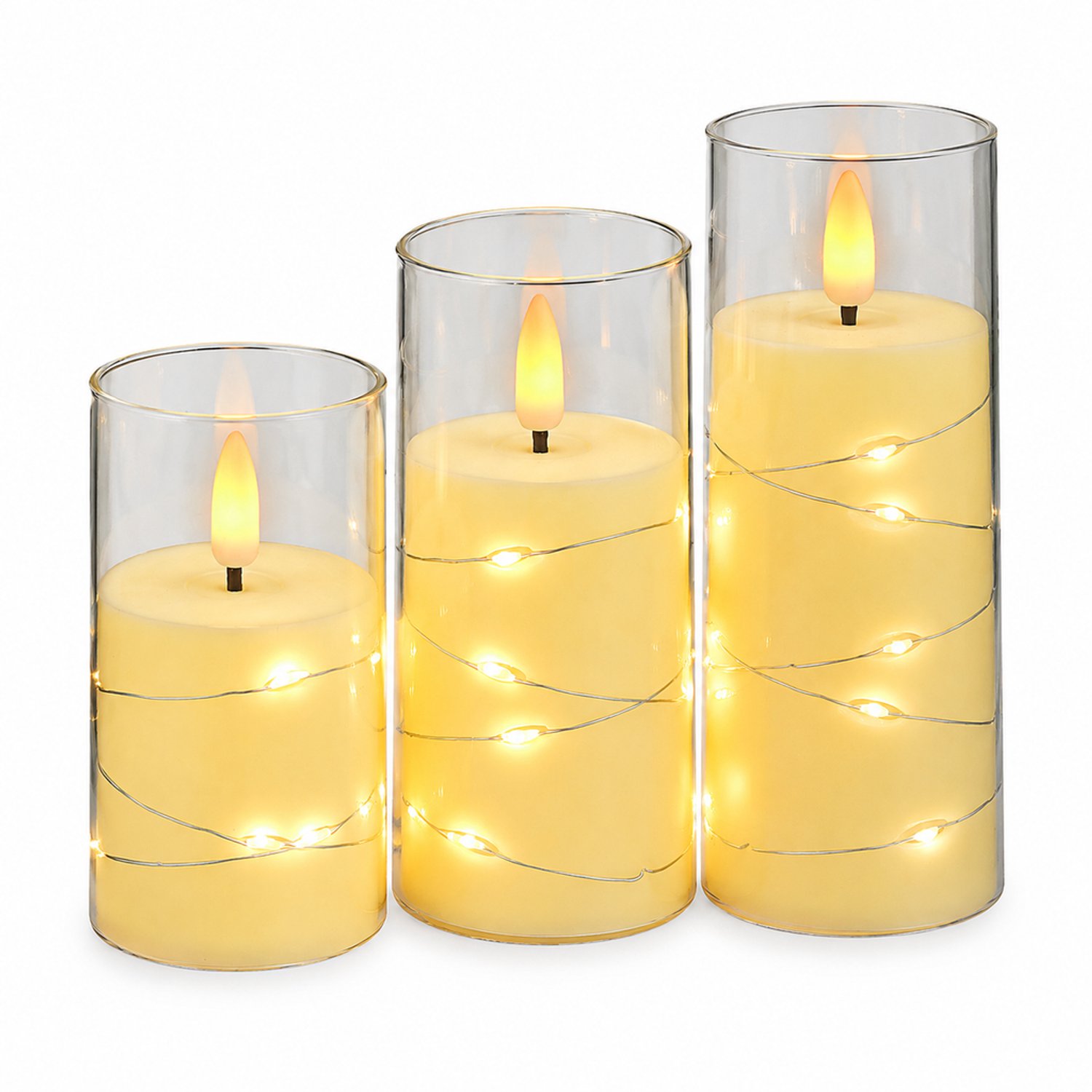 led kaarsen, set van 3, ivoor met transparante huls en lichtsnoer, 5,5 x 10/12,5/15 cm, op batterijen