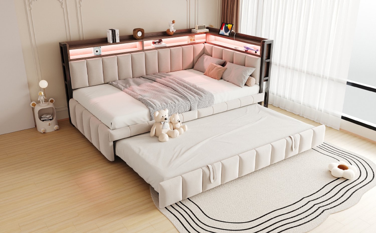 WUVRIE Slaapbank 90x200 cm - Uitschuifbed, LED en USB-/Type-C-aansluitingen - Beige